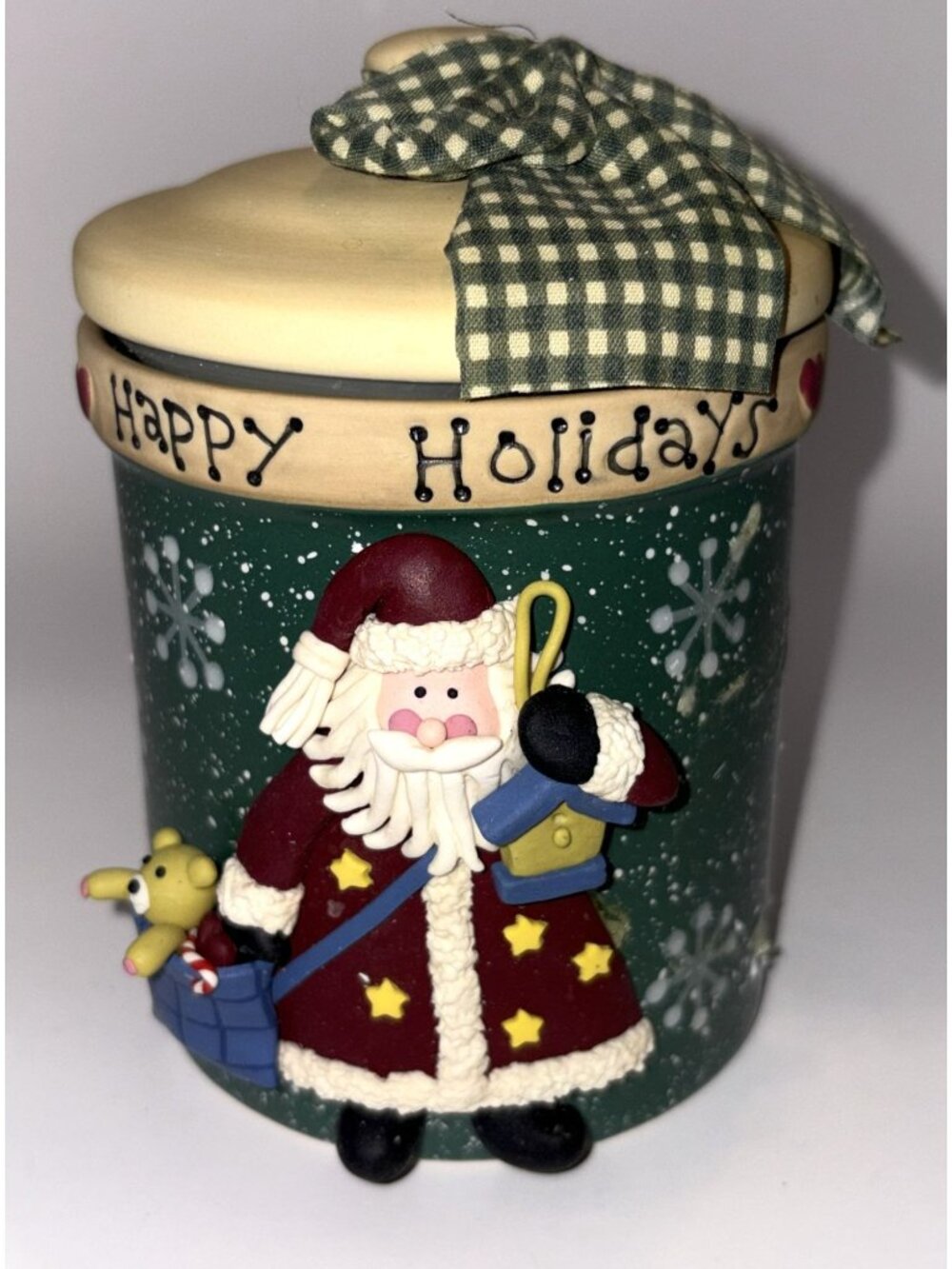 Sterling Stoneware Christmas Candle Container With Santa Design & Lid